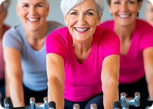 women on stationary bike